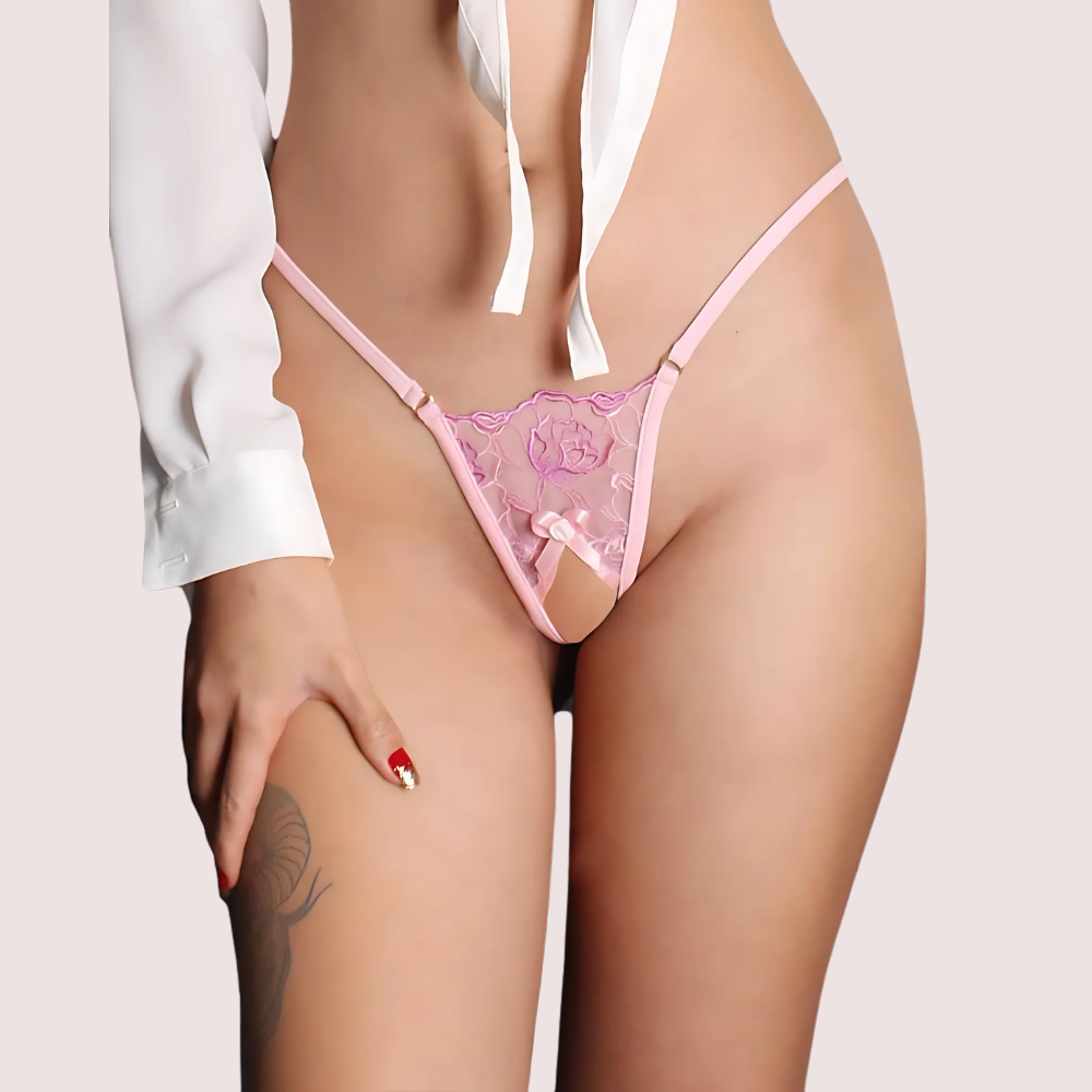 See through open crotch lace g string thong